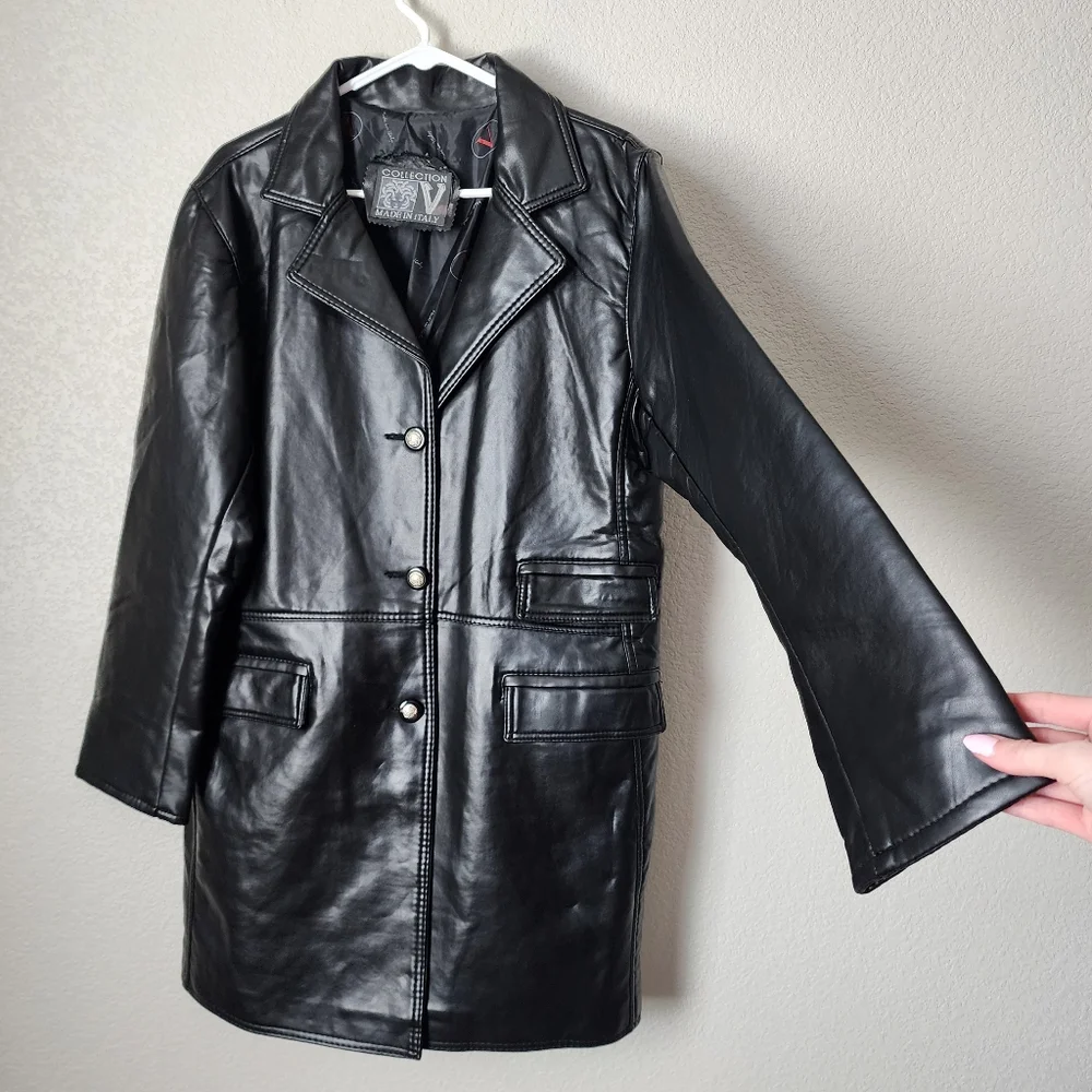 COLLECTION V x VINTAGE Leather‎ Trench Medusa head logo buttons in black leather